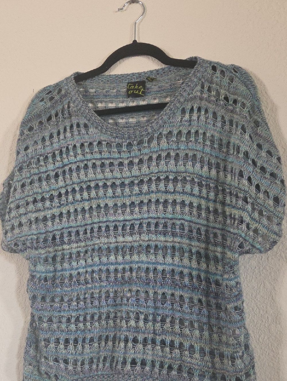 take out Heathered Light Blue Open-Weave Short Sleeve Sweater